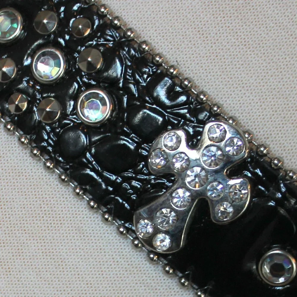 Western Black Bling Cross Belt & Buckle Clear Crystal Accent Genuine Leather SM